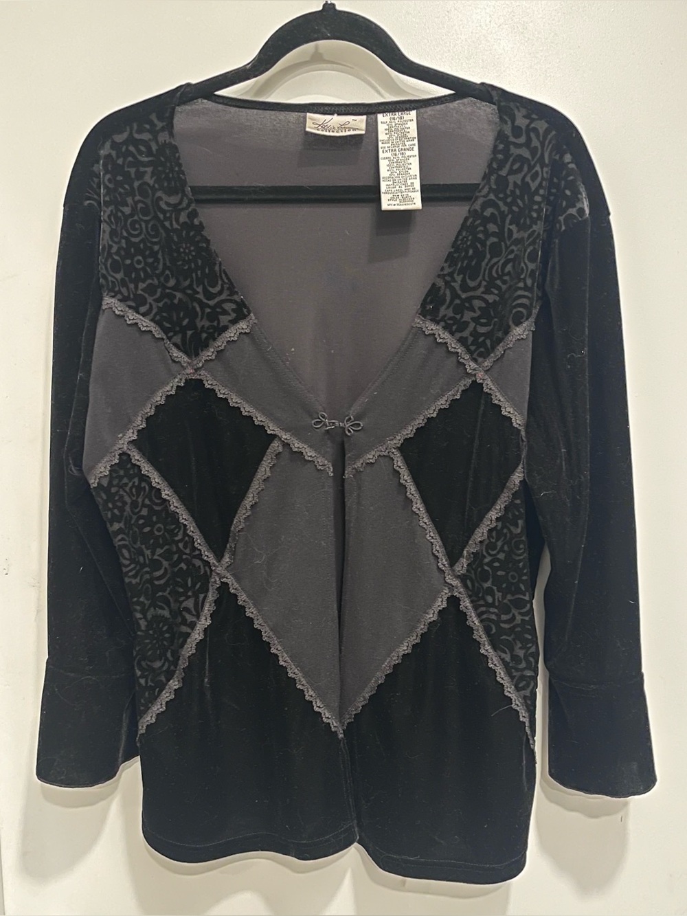 Kathie Lee Velvet & Lace Patchwork Black Long Sleeve Cardigan Whimsigoth XL